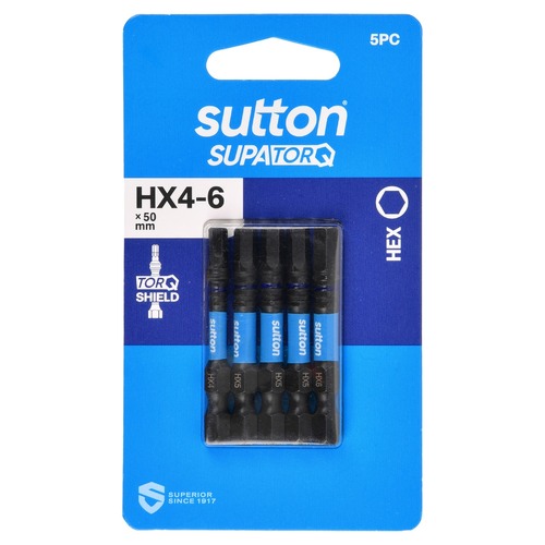 Sutton S206S05B06 HX4-6 x 50mm Hex Screwdriver Bit Set S206 Supatorq, 5 Pcs