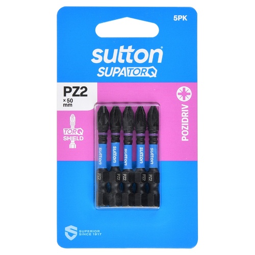 Sutton S202H05B02 PZ2 x 50mm Pozidriv Screwdriver Bit S202 Supatorq - 5/Pack