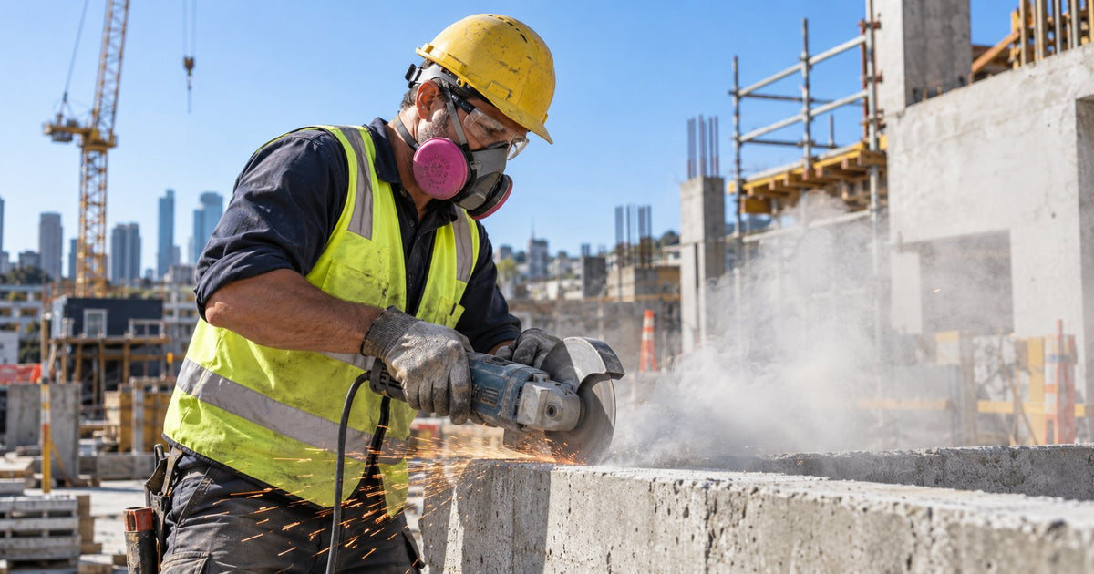 ustralian construction worker wearing a 3M half-face P2 respirator with pink filter cartridges and safety glasses cutting concrete with an angle grinder showing silica dust cloud and correct respiratory PPE selection