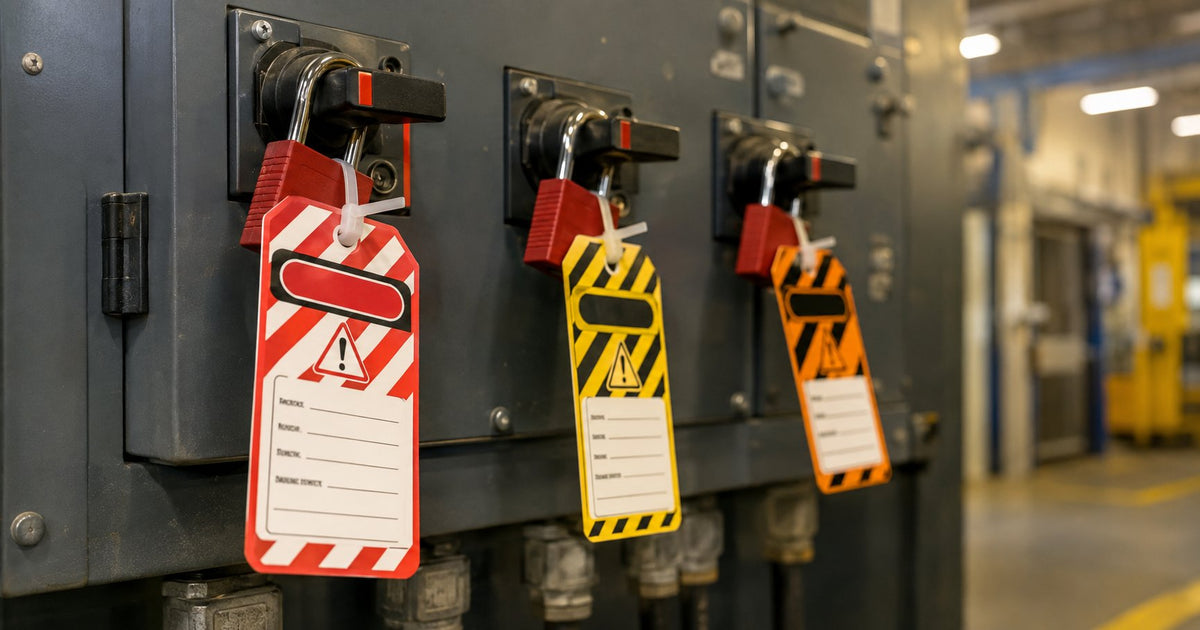 Laminated brass-covered steel padlock securing a galvanised chain and a shrouded shackle padlock on separate hasps on an Australian construction site gate with a red LOTO safety padlock and diagonal-striped danger tag