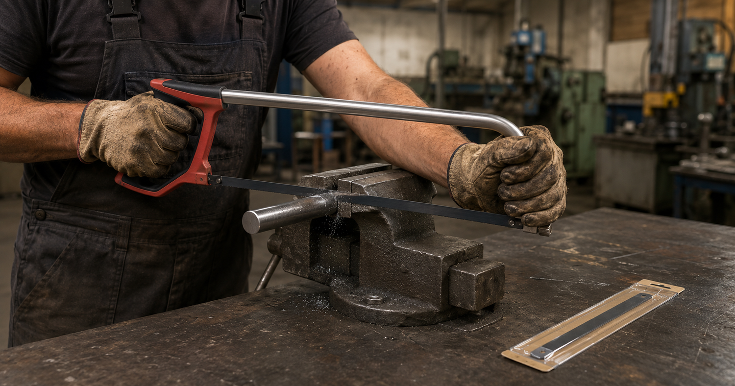 Tradesperson's gloved hand using a bi-metal hacksaw blade to cut a mild steel round bar clamped in a bench vice showing correct two-handed frame grip and straight cutting technique