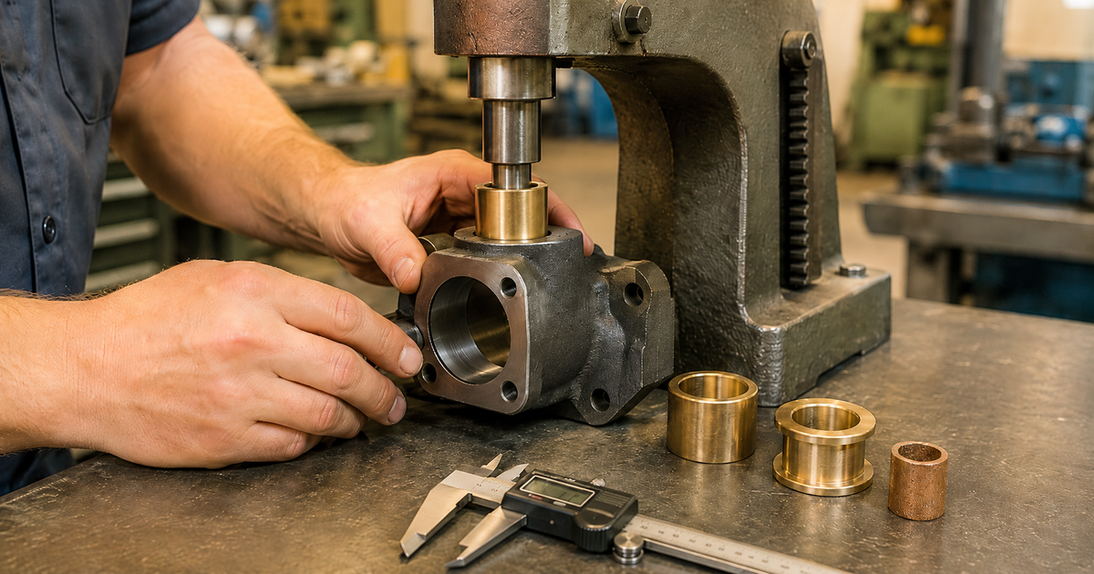Machinist's hands using an arbor press to install a golden bronze bush into a cast iron housing bore on a workshop bench with a solid sleeve bush, flanged bronze bush and sintered Oilite bush alongside a digital vernier caliper