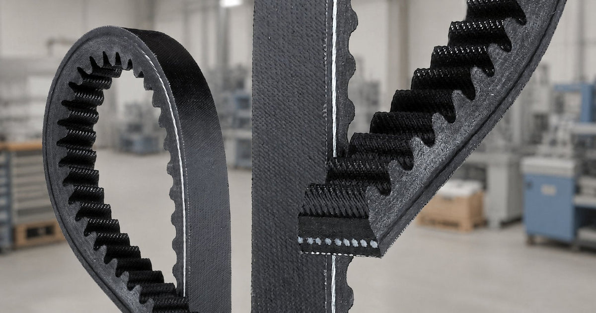 Two cogged raw edge V-belts showing trapezoidal cog profile and tensile cord line against a dark blurred industrial workshop background