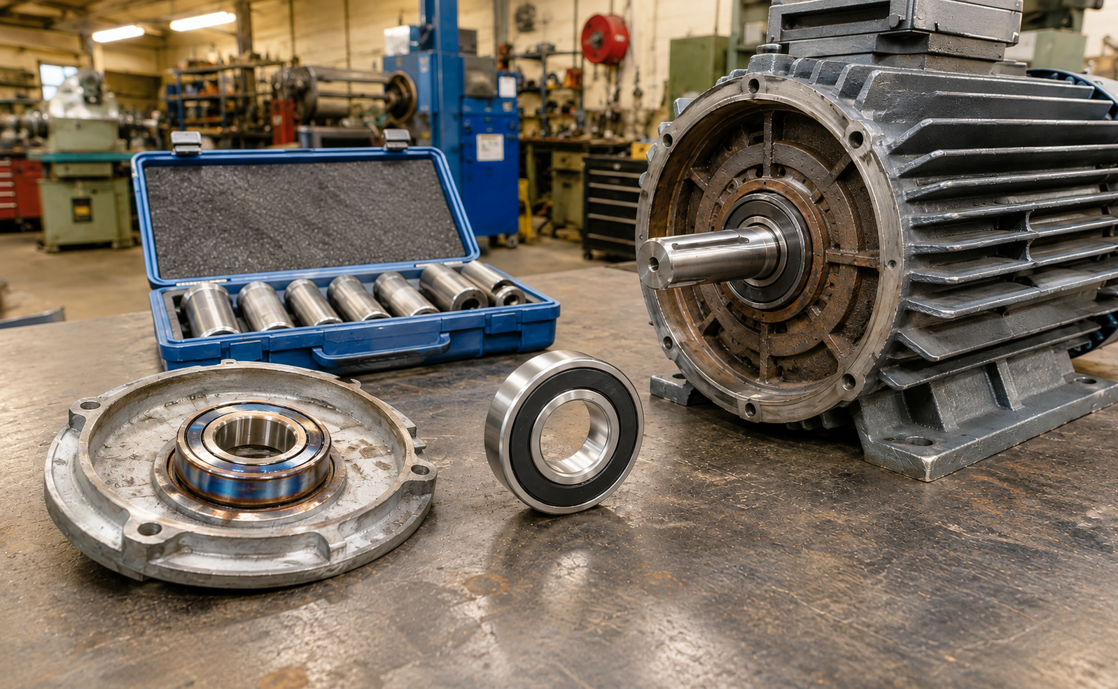 New sealed 2RS deep groove ball bearing beside a TEFC electric motor with end shield removed and failed heat-tinted bearing still seated in the end shield on a workshop bench with a bearing installation sleeve kit in a blue case