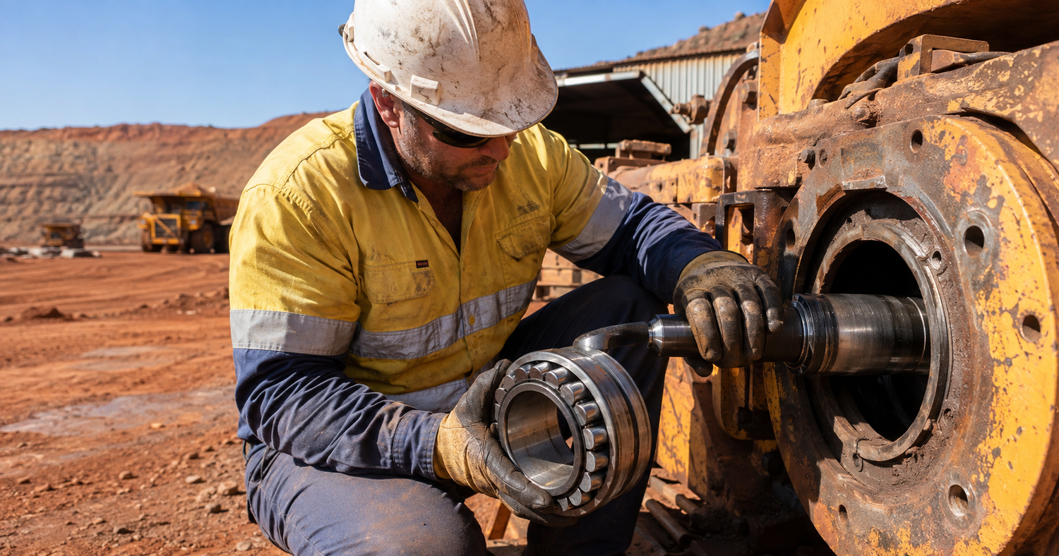 Mining maintenance technician in high-vis shirt, hard hat and safety glasses fitting a large open spherical roller bearing onto a shaft on heavy yellow mining equipment at an Australian open-cut mine site with red earth and haul truck in background