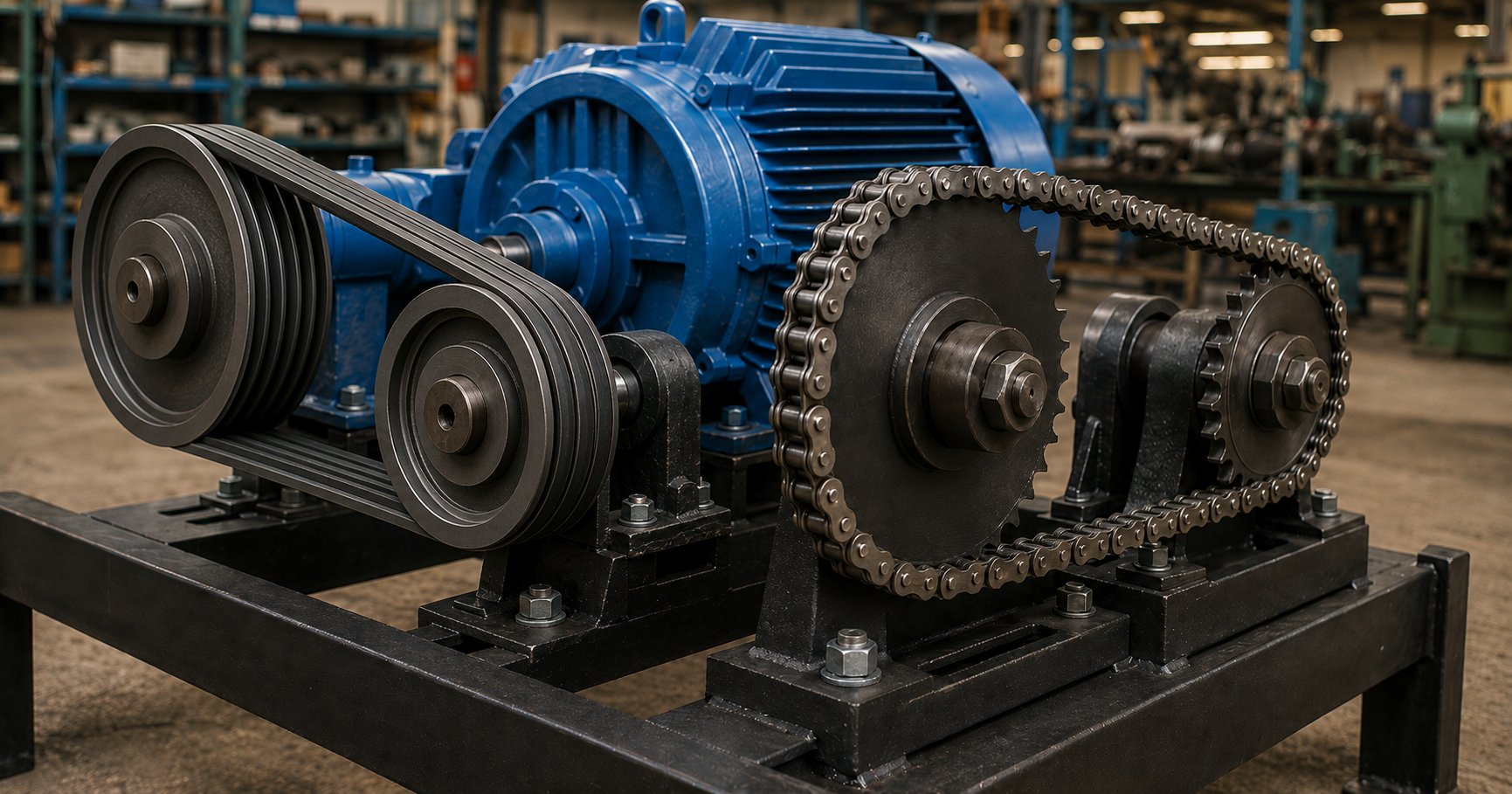 V-belt drive with multi-groove cast iron pulleys on the left and roller chain drive with steel sprockets on the right mounted side by side on a black fabricated steel base frame with a blue TEFC electric motor in an industrial workshop