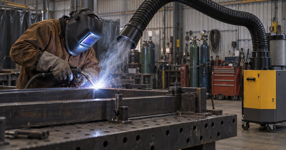 Professional welder in full PPE MIG welding at a fabrication table with an articulated fume extraction arm fitted with a compact 150mm hood positioned close to the arc actively capturing the welding fume plume