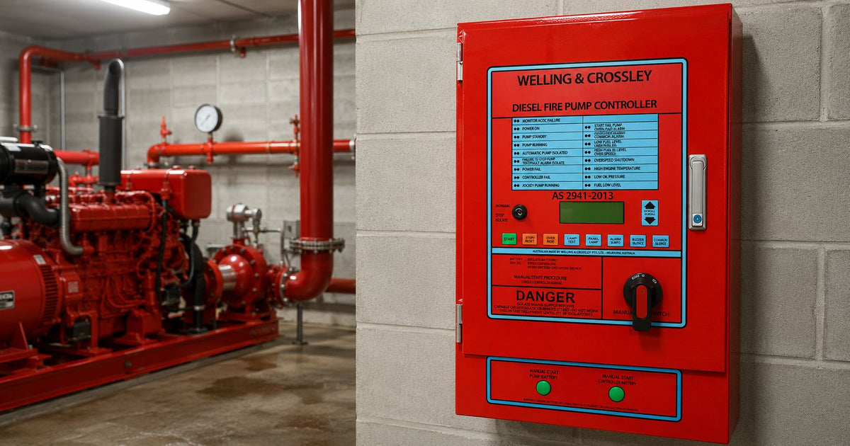 Welling and Crossley AS 2941-2013 diesel fire pump controller red panel mounted on a concrete block wall in an Australian fire pump plant room with red diesel fire pump set, fire-rated pipework and pressure gauge visible in the background