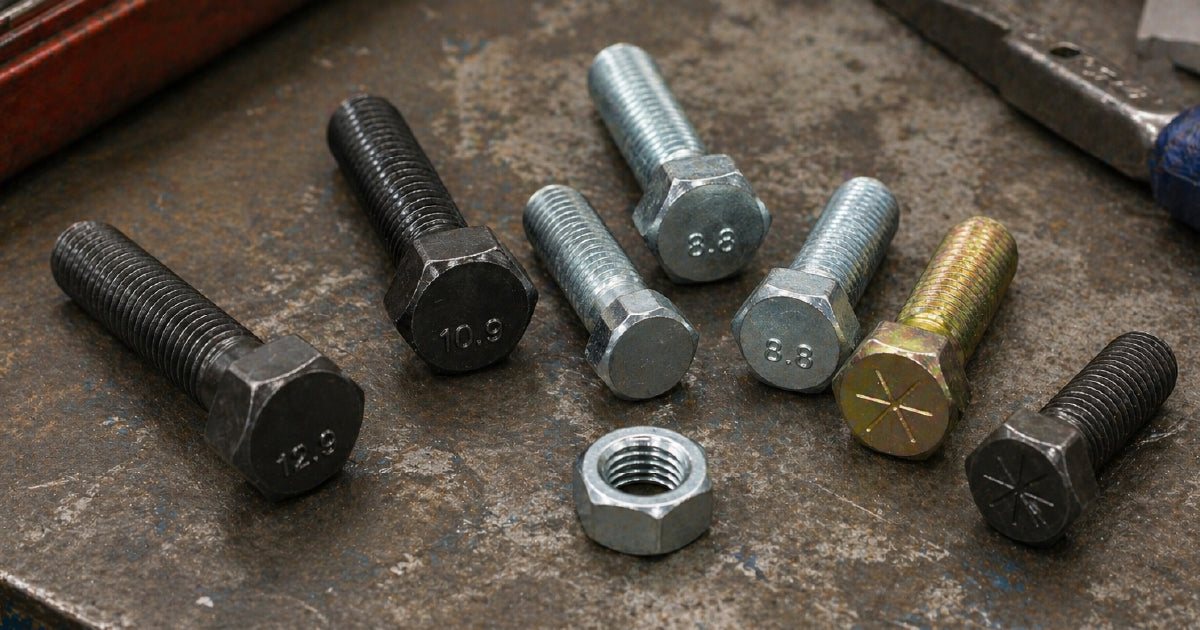 Metric and imperial bolt heads showing grade markings from 4.6 to 12.9 and SAE for Australian workshop reference