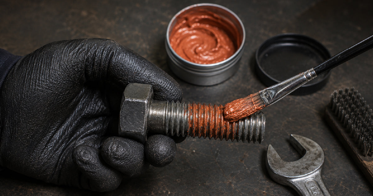 Copper nickel and aluminium anti-seize compound being applied to threaded fastener showing torque reduction and high temperature assembly lubrication guide Australia