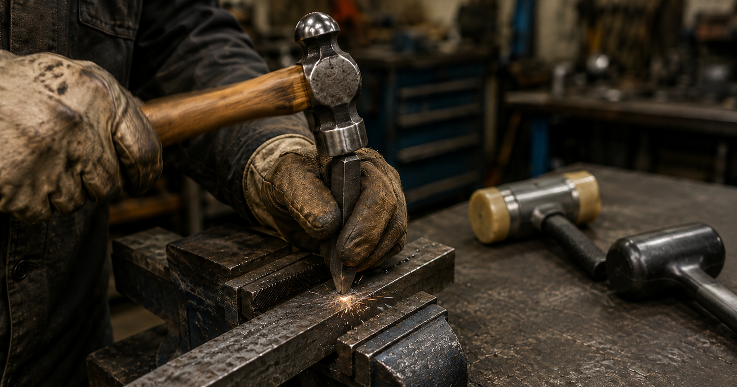 Gloved hand striking a cold chisel with a ball pein hammer at a bench vice with a Thor soft-face and dead blow hammer visible on the workshop bench in the background