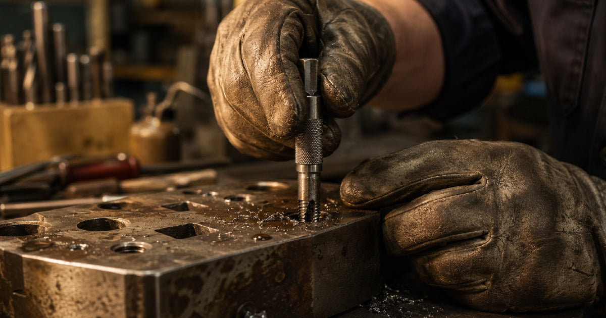 Broken HSS tap flush in threaded hole with tap extractor tool alongside showing removal methods and thread repair options for workshop guide Australia
