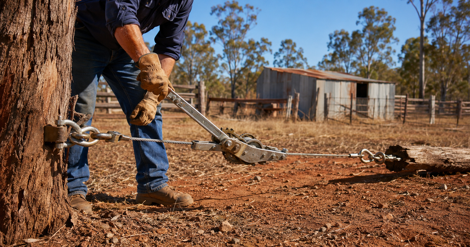 Come-along wire rope ratchet winch in use on a rural Australian farm with wire rope under horizontal tension between two anchor points and a gloved hand operating the lever handle