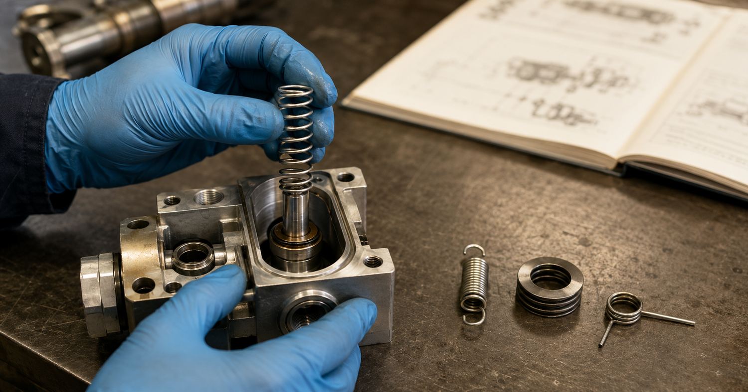 Maintenance technician installing a compression spring into an industrial valve body with extension, Belleville disc and torsion springs on the workshop bench beside the assembly