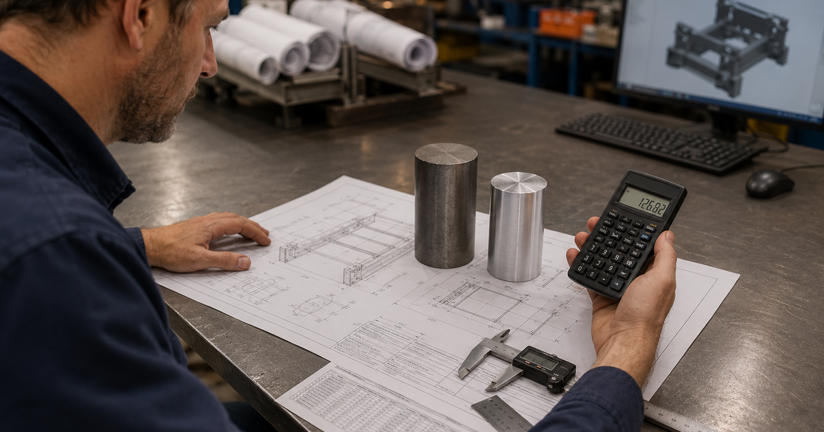 Engineer at a workshop bench calculating material weight using a density reference chart alongside steel and aluminium round bar sections of equal diameter