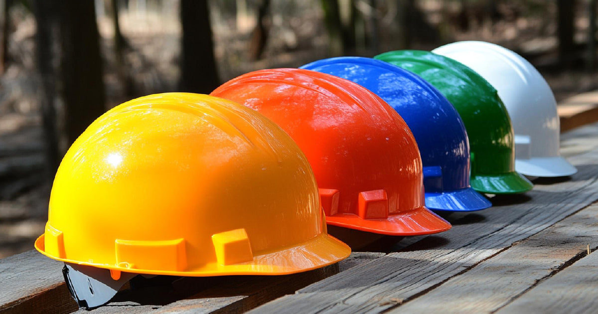 Australian construction workers wearing various colour hard hats showing site role identification and AS/NZS 1801 compliance