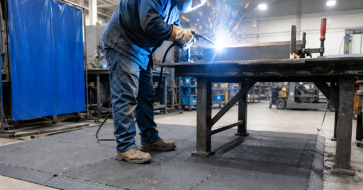 Industrial anti-fatigue floor mat alongside fire-resistant welding bay mat and anti-slip wet area mat showing AS 4586 P-rating for Australian workplace safety guide