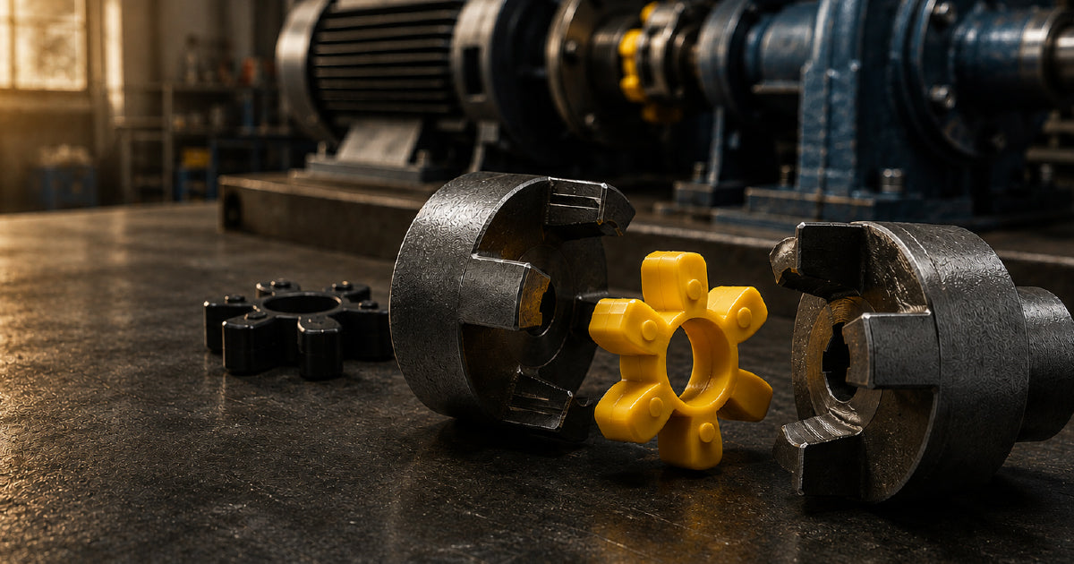 Jaw coupling with NBR spider element alongside HRC and tyre couplings showing pilot bore and taper lock hub options for industrial shaft coupling selection guide Australia