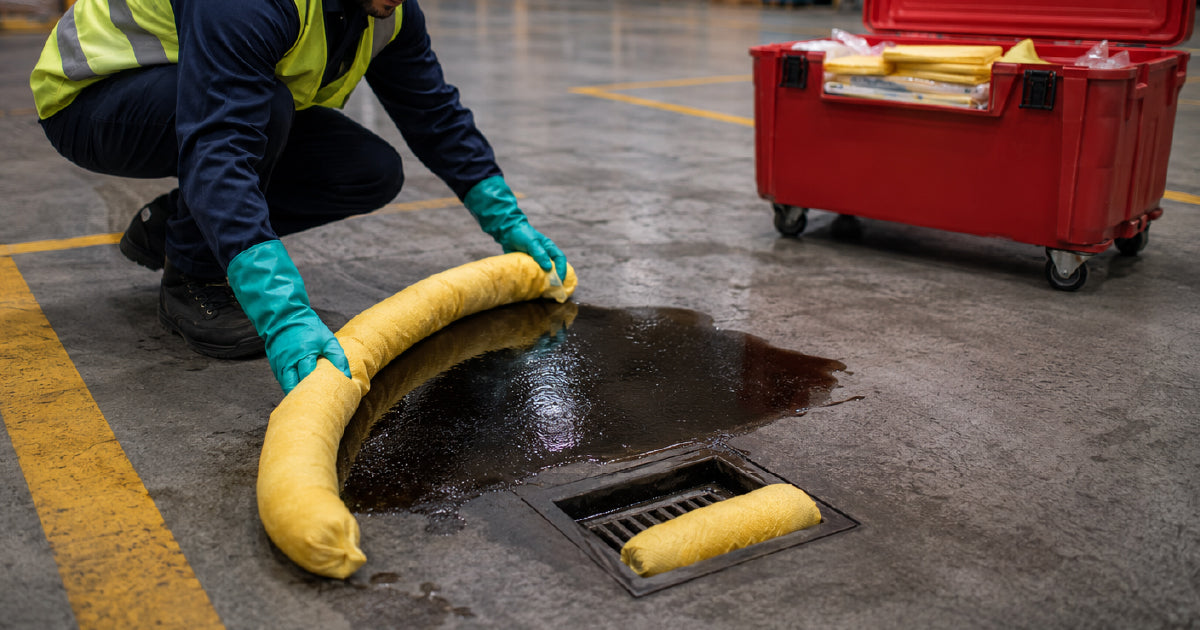 General purpose oil fuel and chemical hazchem spill kits with absorbent pads socks and granules showing colour coding for Australian WHS compliance and spill response guide