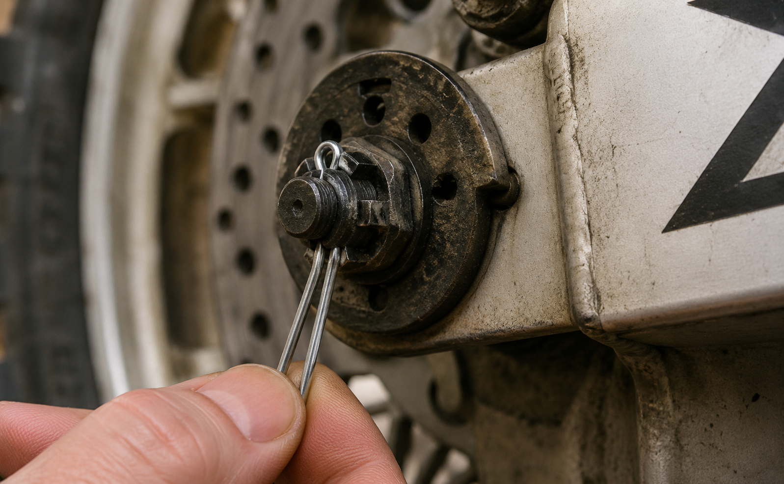 Hand installing a split cotter pin through a castellated nut on a motorcycle wheel hub.