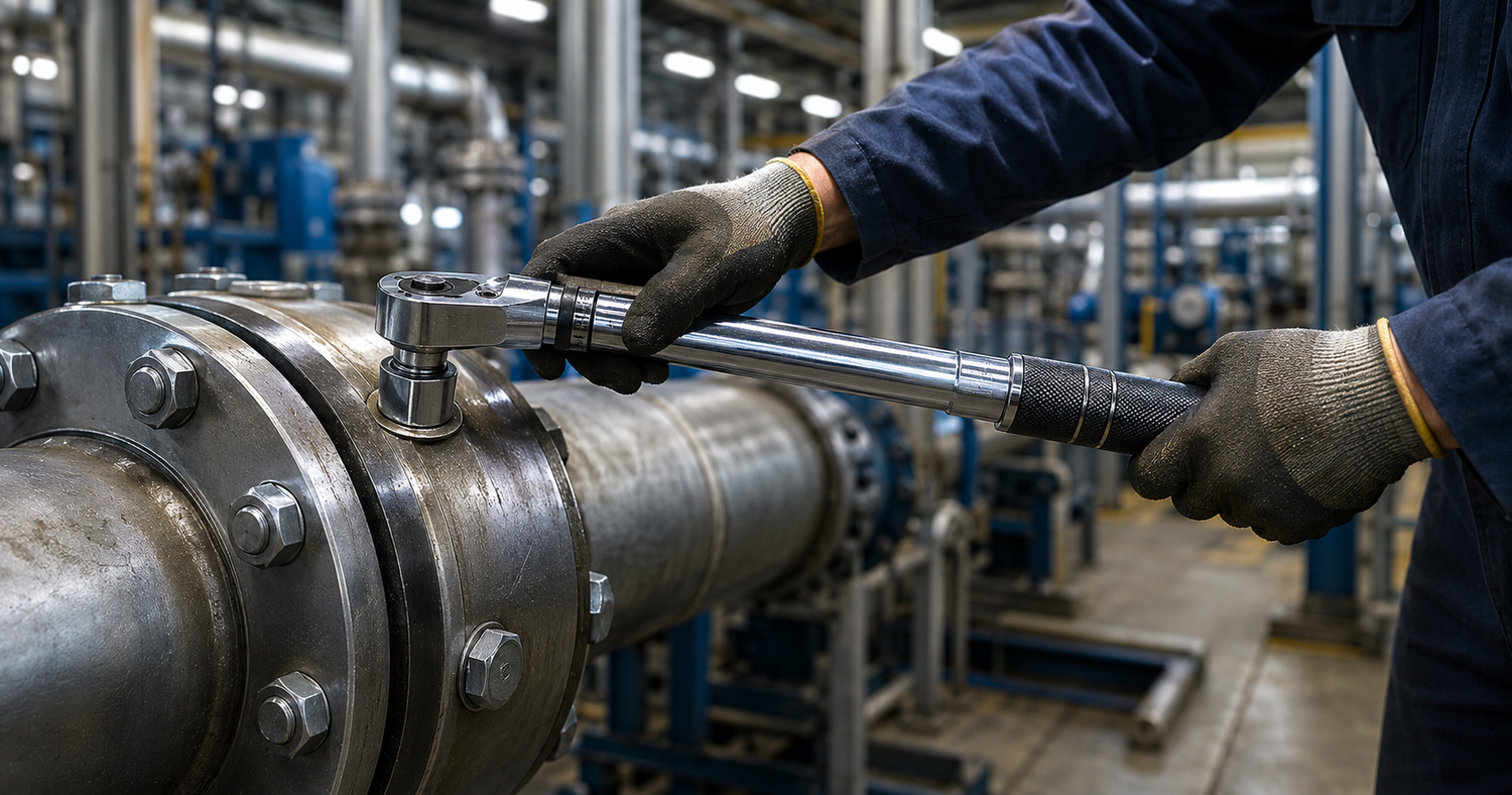 Maintenance technician applying a click-type torque wrench to a hex head bolt on a steel pipe flange joint in an industrial plant setting showing correct torque wrench technique