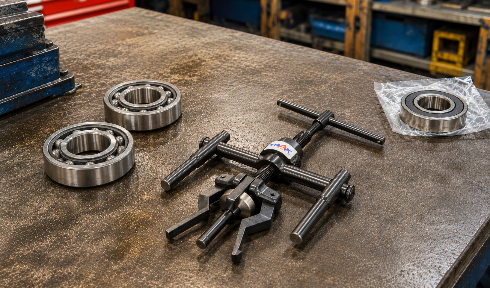 Trax internal bearing puller set with expanding collet jaws and T-bar slide hammer laid on a diamond-plate steel workshop bench alongside three open deep groove ball bearings and a new sealed replacement bearing in packaging