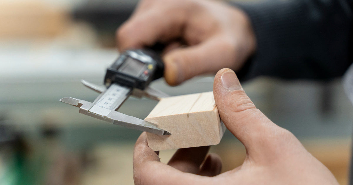 Hands using a digital caliper to measure the width of a wooden block in a workshop.