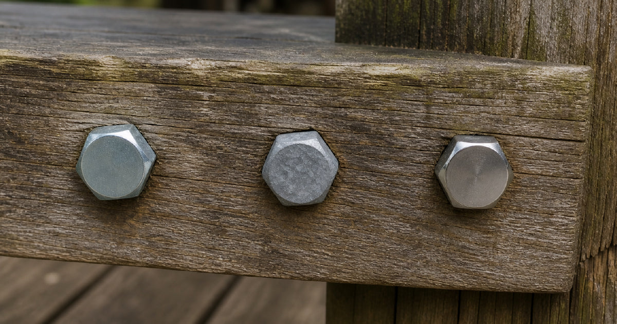 Comparison of zinc plated hot dip galvanised and stainless steel bolts showing coating thickness and corrosion resistance for Australian environments