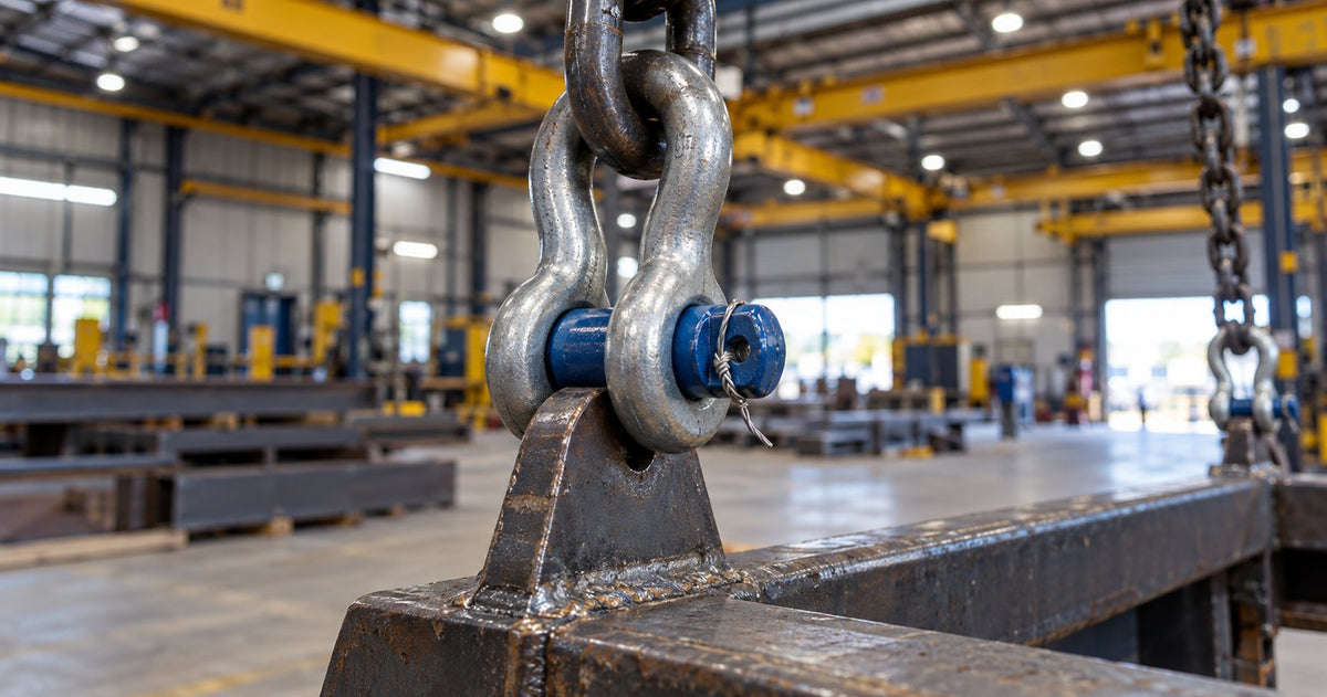 Close-up of a galvanised Grade S bow shackle correctly connecting a Grade 80 chain sling master link to a steel lifting lug with mousing wire securing the screw pin during an industrial lift