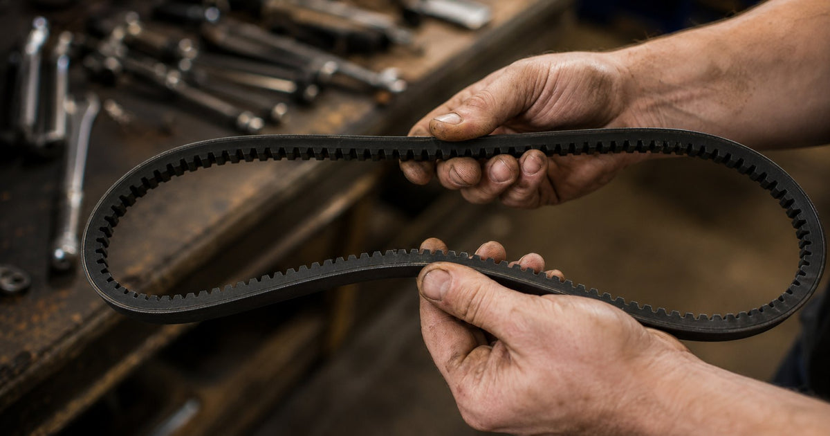 Industrial worker's two hands holding a black cogged V-belt open in a loop clearly showing the notched trapezoidal cog profile on the inner face with workshop tools softly blurred in the background