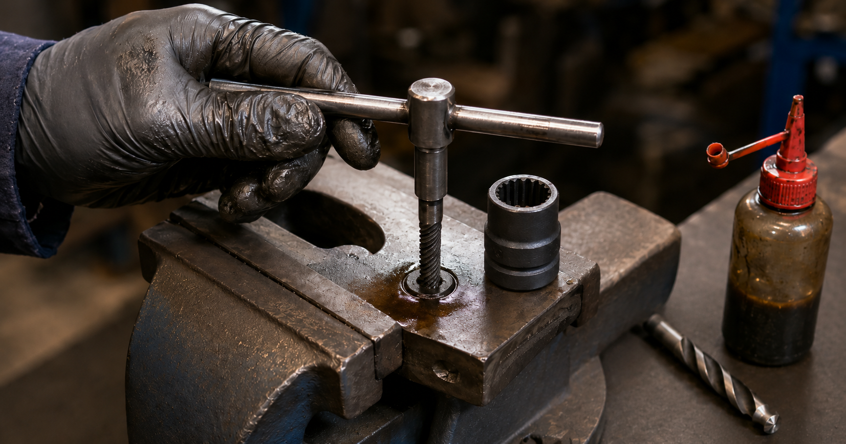 Mechanic's gloved hand turning a T-bar tap handle on a spiral fluted screw extractor inserted into a sheared bolt stub clamped in a bench vice with a bolt extractor socket, drill bit and penetrating oil bottle on the workshop bench