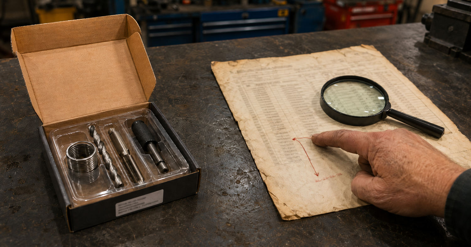Recoil thread repair kit beside a faded old parts catalogue with a finger pointing to a legacy part number and a handwritten RC-prefix replacement code showing the Recoil catalogue cross-reference