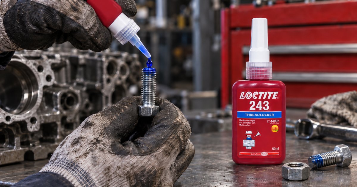 Gloved hand applying a vivid blue drop of Loctite 243 medium-strength threadlocker from the 50ml bottle onto an M12 bolt thread with a hex nut and second treated bolt on the workshop bench and an engine block in the background