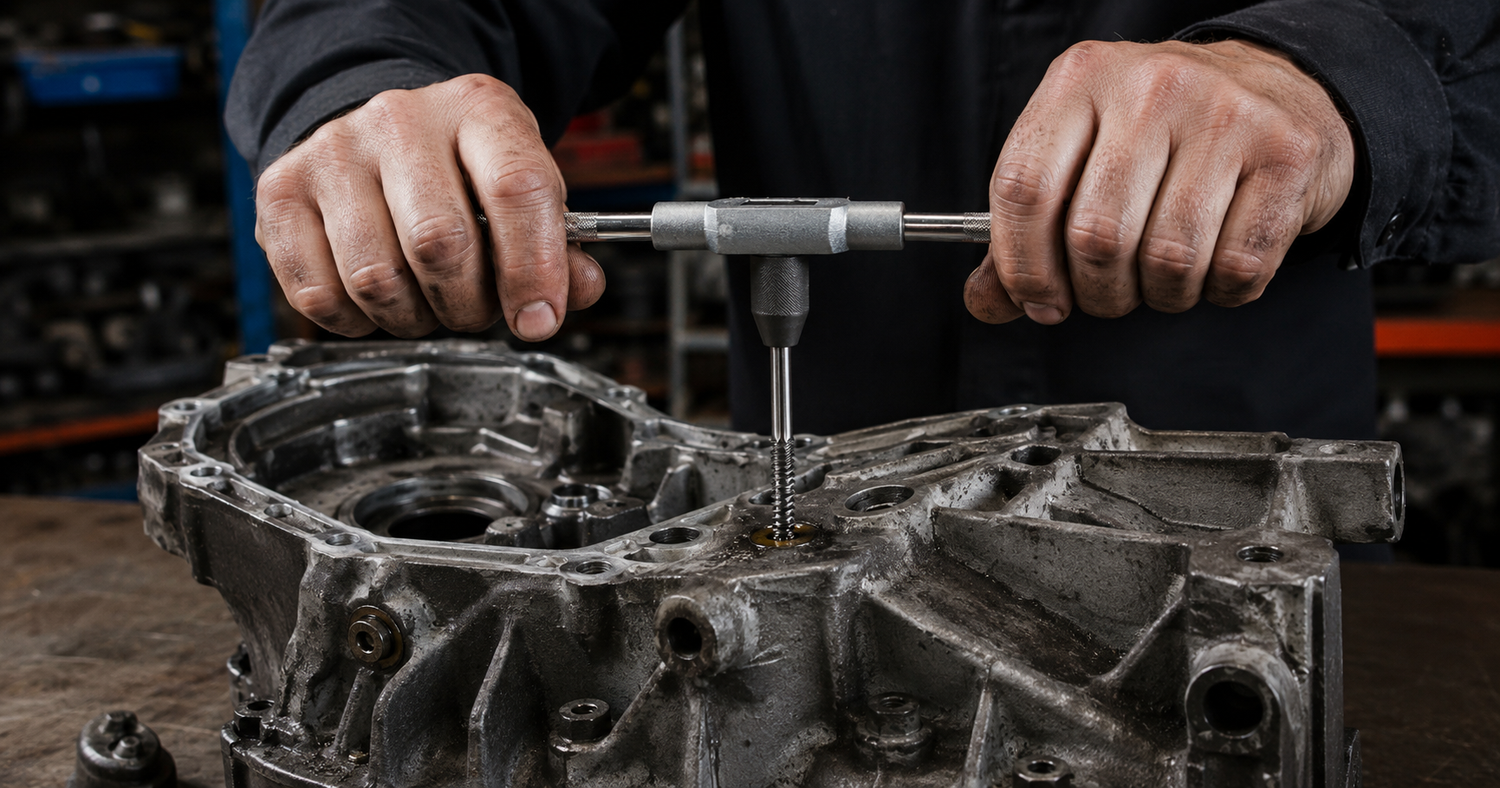 Mechanic's hands using a T-bar tap wrench to drive a metric spiral flute tap into a threaded hole in a cast aluminium gearbox housing on a workshop bench showing thread repair or re-tapping of an engine component