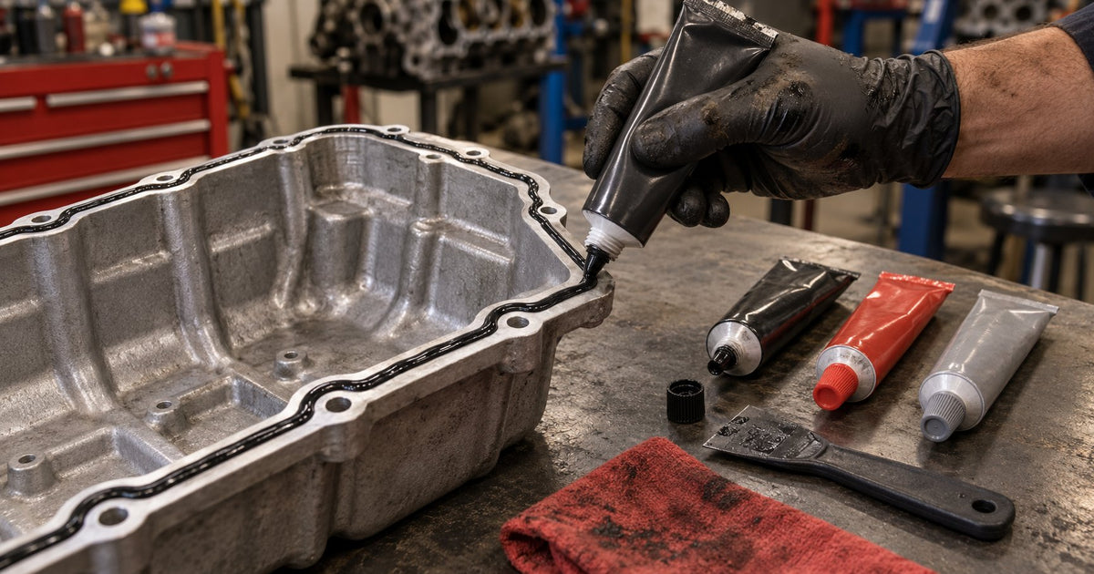 Gloved hand applying a continuous black RTV silicone gasket maker bead around an engine oil pan flange face on a workshop bench with black, red and grey RTV tubes and gasket scraper beside it