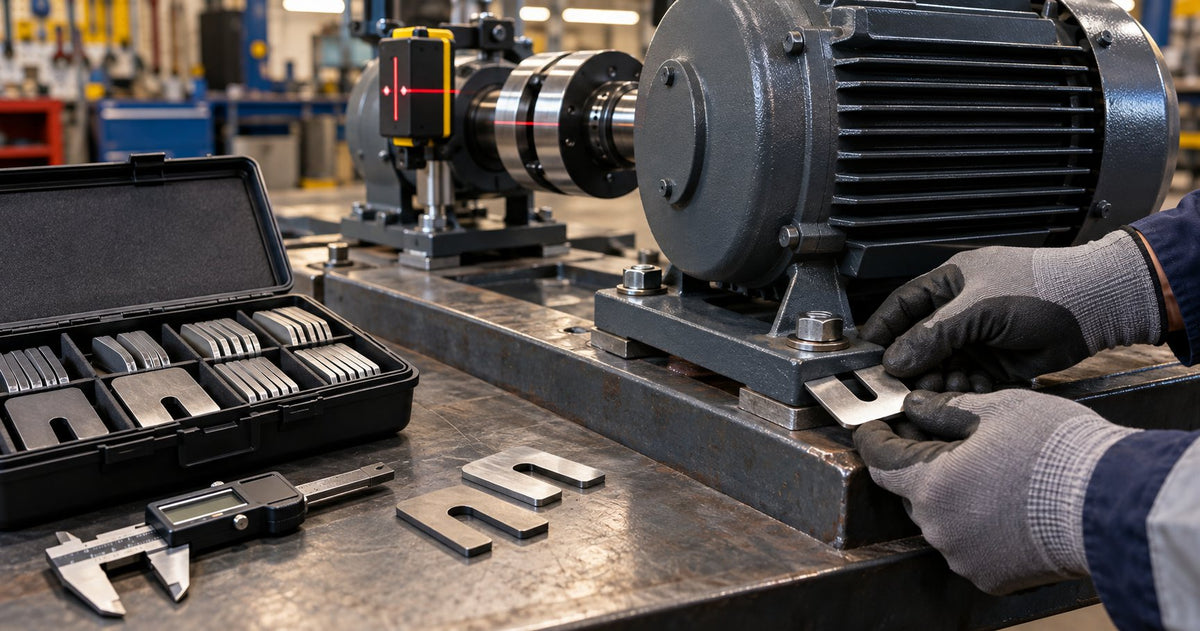 Gloved hands inserting a slotted steel alignment shim under an electric motor foot, with a laser alignment sensor on the coupling and an open shim kit case on the workshop bench