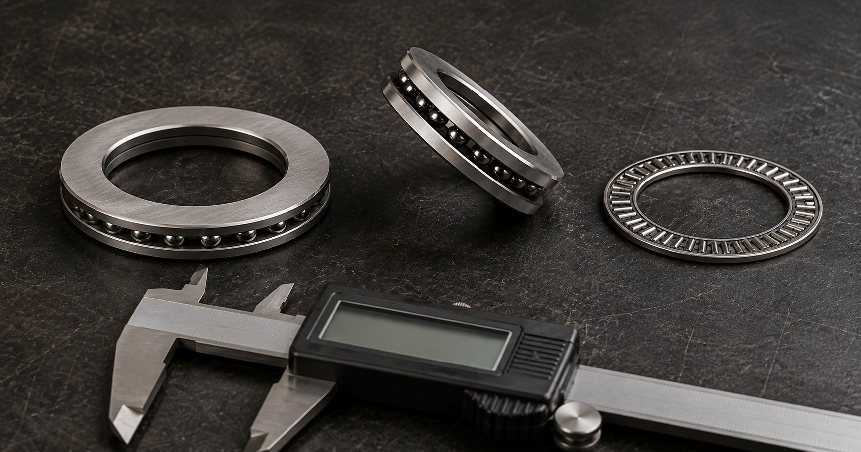 Three thrust bearings on a workshop bench — a single-direction thrust ball bearing flat, the same bearing tilted to show the shaft washer, ball cage and housing washer cross-section, and a thin thrust needle roller bearing cage