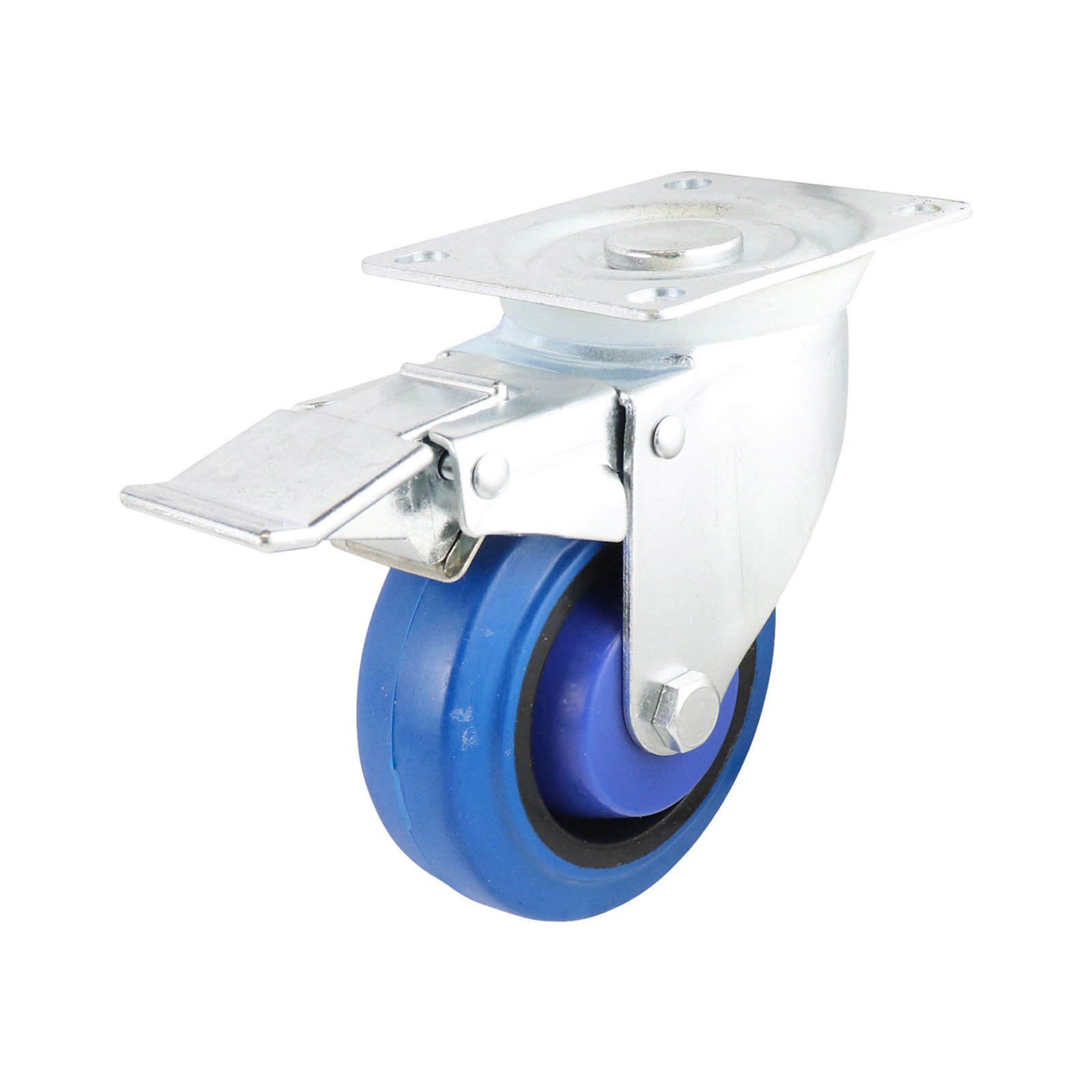 100mm Swivel Plate Castor with Brake - Rubber Wheel Blue I6