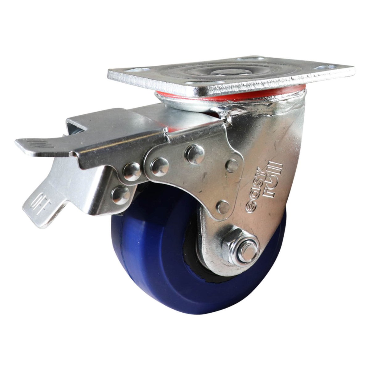 100mm Swivel Plate Castor with Brake - Rubber Wheel Blue J2 - AIMS Industrial Supplies