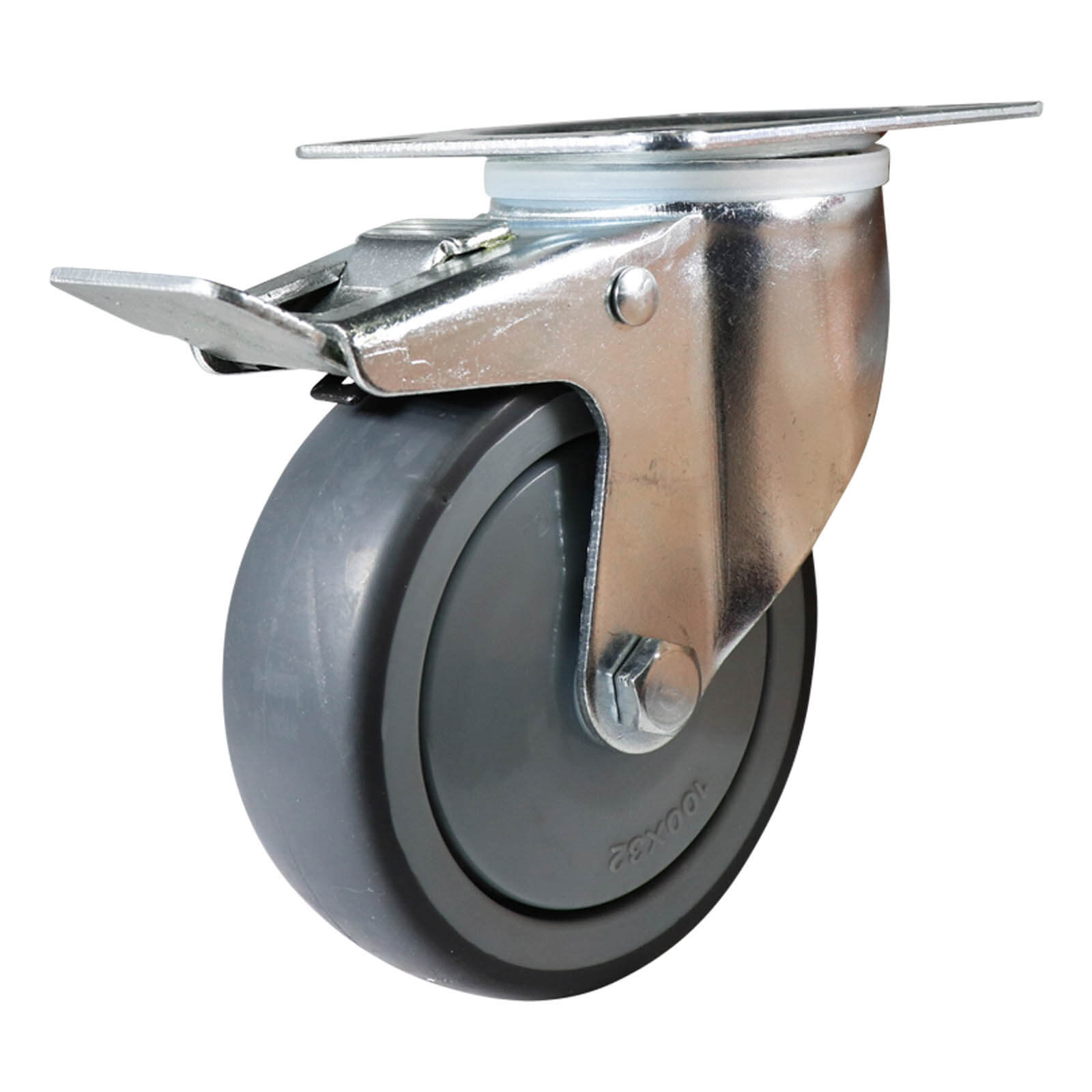 100mm Swivel Plate Castor with Brake - Rubber Wheel Grey I4