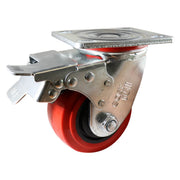 100mm Swivel Plate Castor with Brake - Urethane Wheel Red J2 - AIMS Industrial Supplies