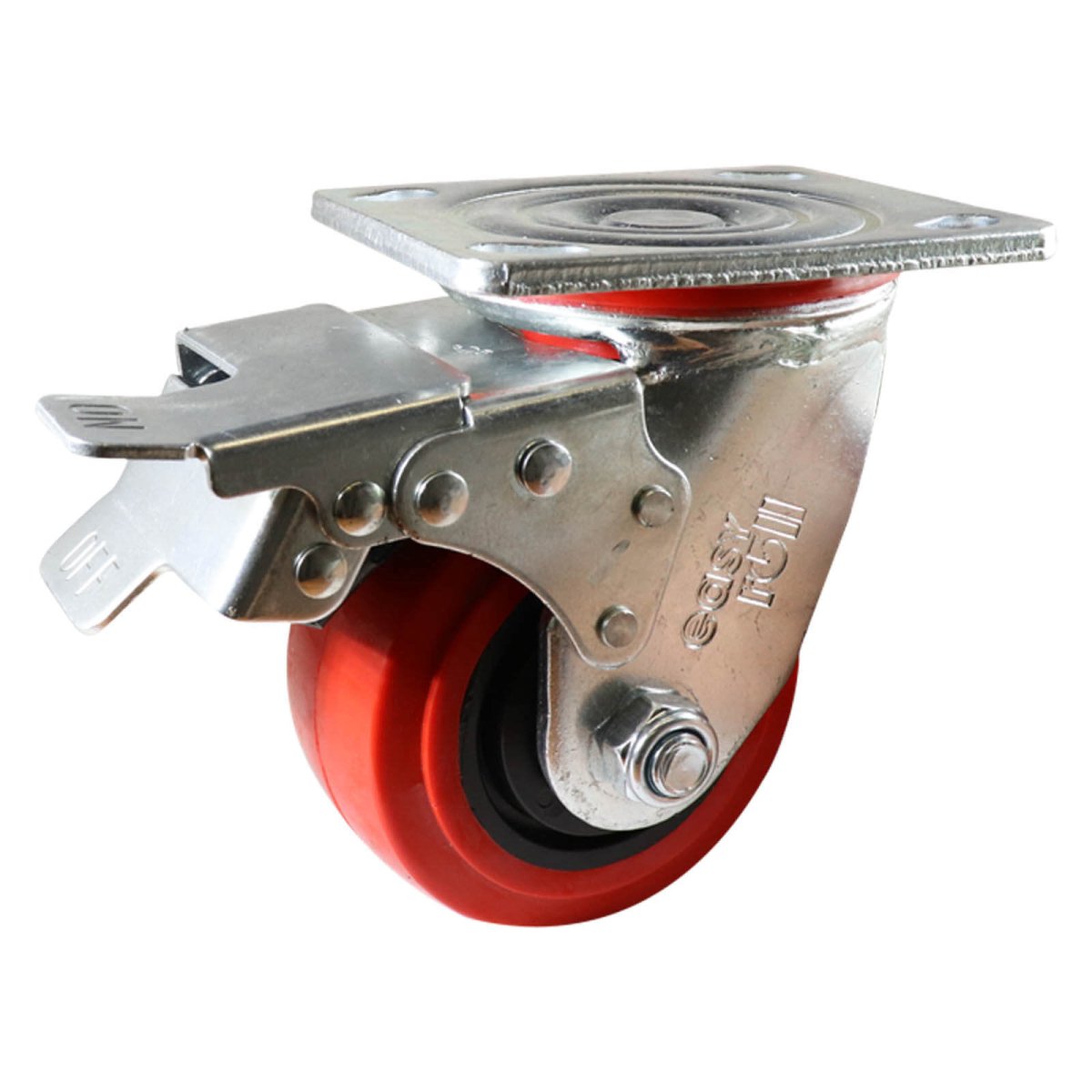100mm Swivel Plate Castor with Brake - Urethane Wheel Red J2 - AIMS Industrial Supplies
