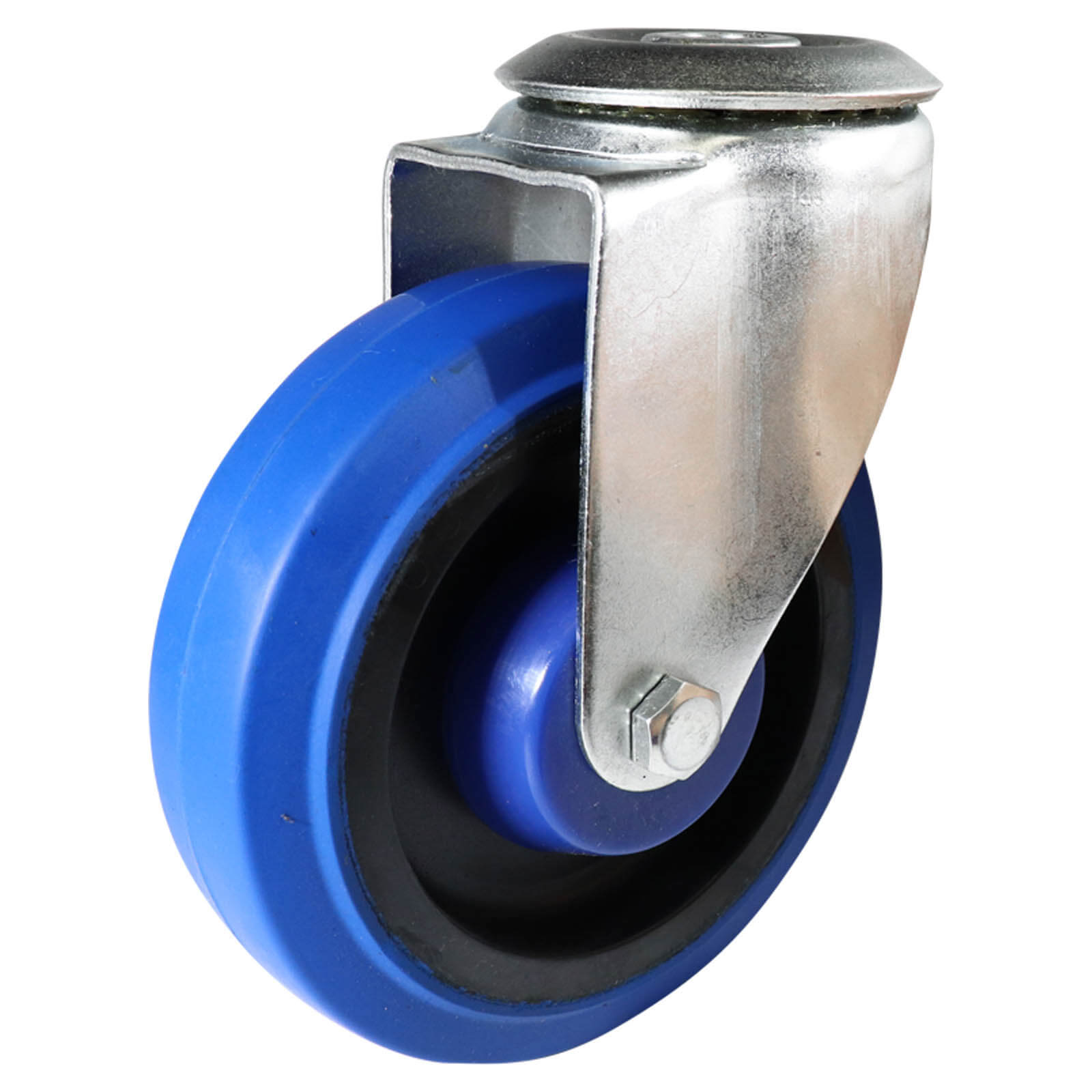 125mm Swivel Bolt Hole Castor - Elastic Rubber Wheel Blue I6
