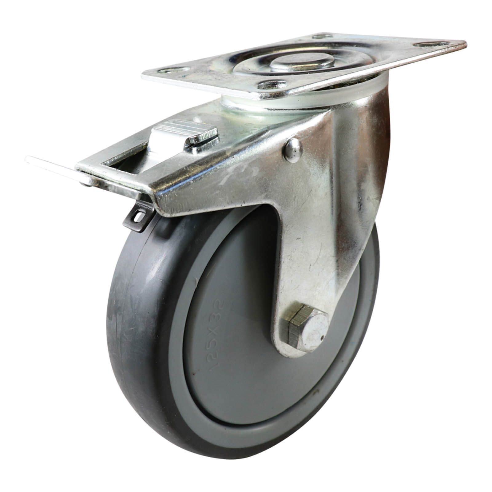 125mm Swivel Plate Castor with Brake - Rubber Wheel Grey I4