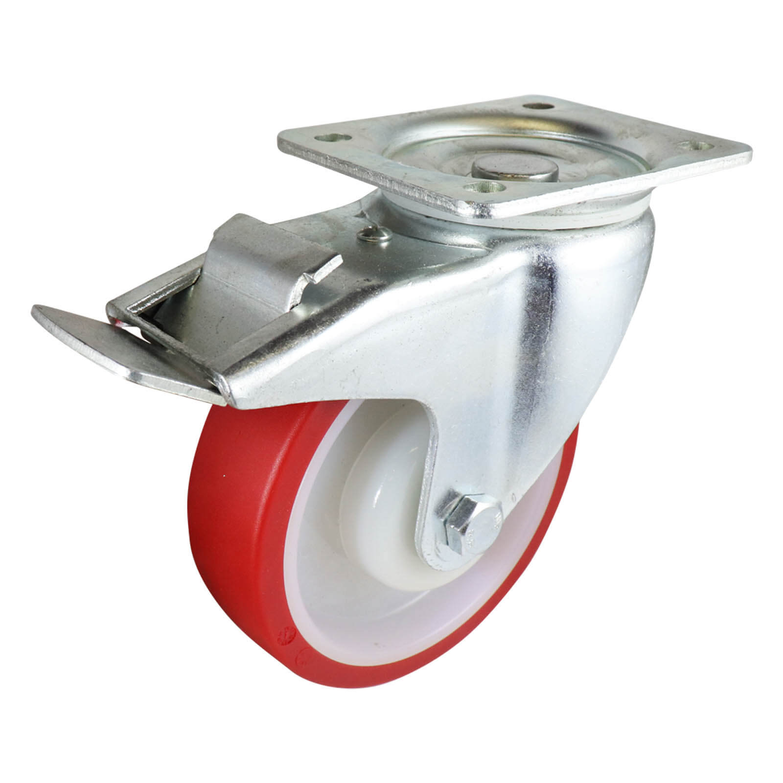 125mm Swivel Plate Castor with Brake - Urethane Wheel Red I3