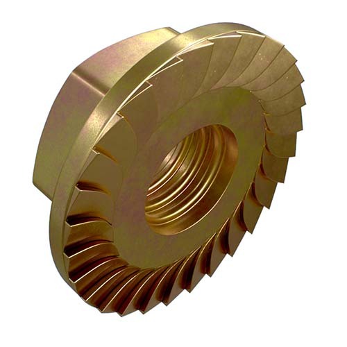 1/4" UNC Hex Serrated Flange Nut Grade 5 Yellow Passivate  - Box of 500