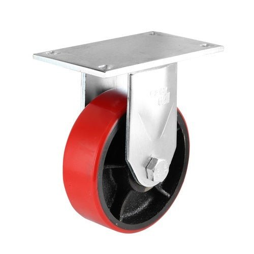 150mm Fixed Plate Castor - Urethane on Cast Iron Wheel Red J7 - AIMS Industrial Supplies