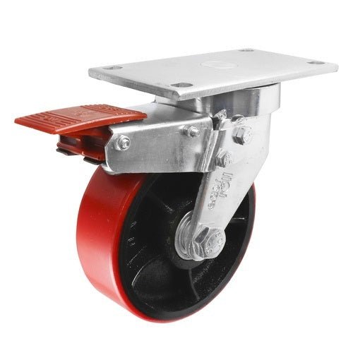 150mm Swivel Plate Castor w/ Brake Urethane on Cast Iron Wheel Red J7 - AIMS Industrial Supplies