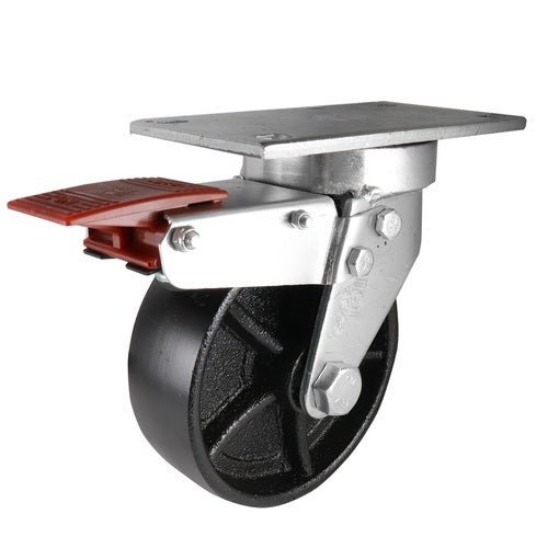 150mm Swivel Plate Castor with Brake - Cast Iron Wheel Black J7 - AIMS Industrial Supplies