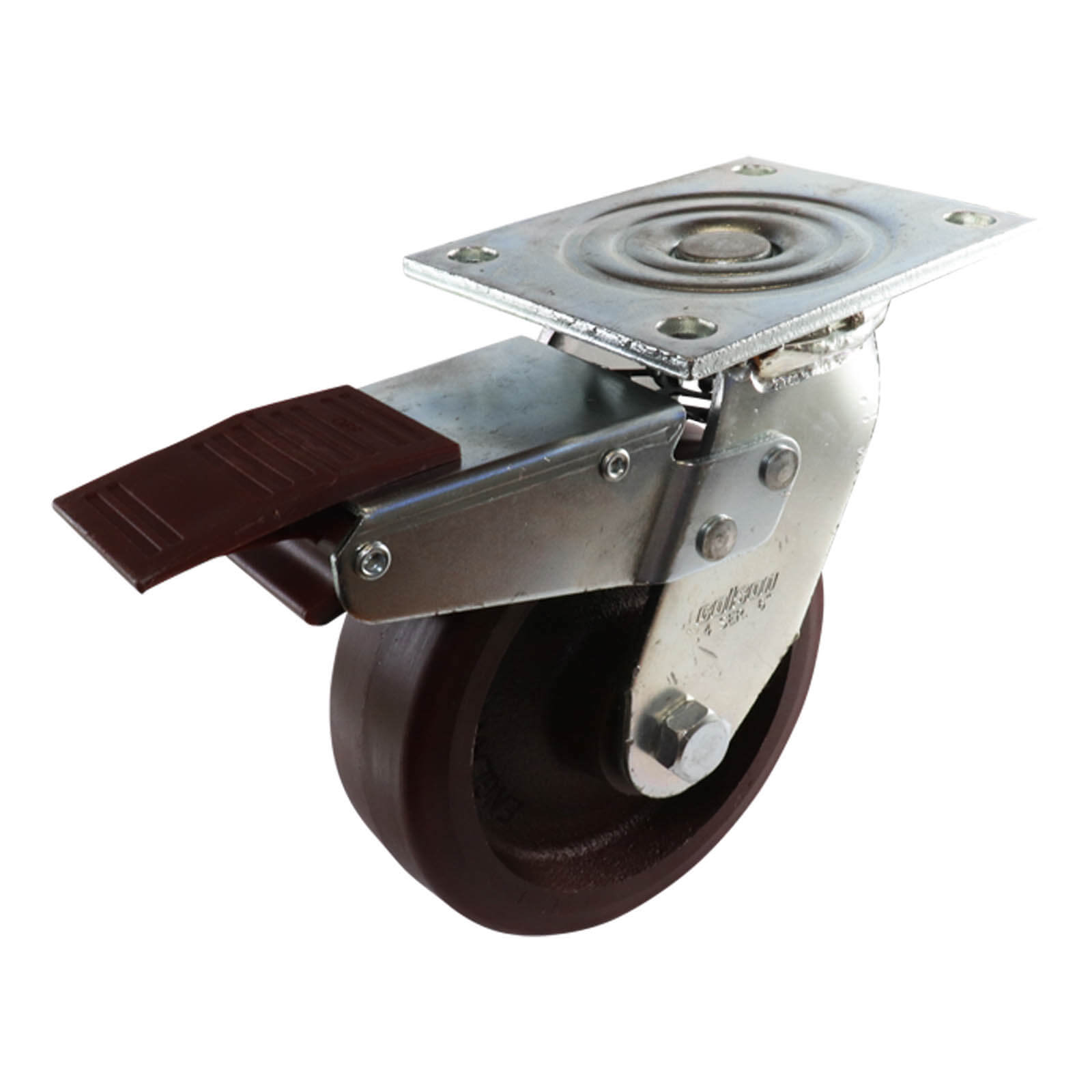 150mm Swivel Plate Castor with Brake - Urethane on Cast Iron Wheel TG